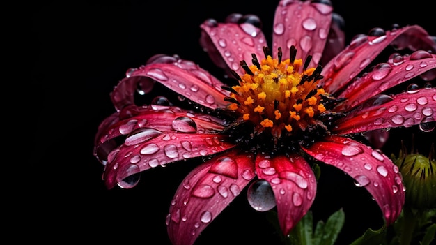 flor silvestre vibrante de cerca mojada con rocío en negro