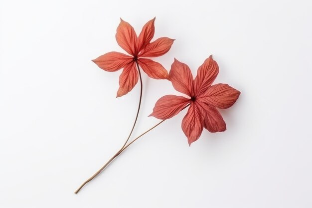 Flor de sinensis roja seca en fondo blanco vista superior plana con espacio vacío