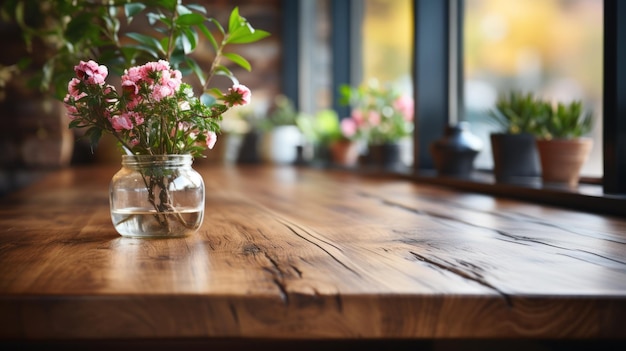 Flor sobre una mesa de madera en la cocina.