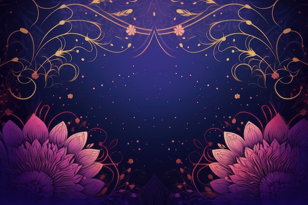 Flor sutil púrpura violeta abstracta con fondo de papel tapiz hd de patrón de contorno dorado