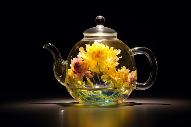 Flor de té en flor iluminada en una tetera de vidrio