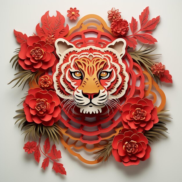 Foto flor de tigre de oro y corte de papel elementos acuáticos en estilo artesanal en el fondo