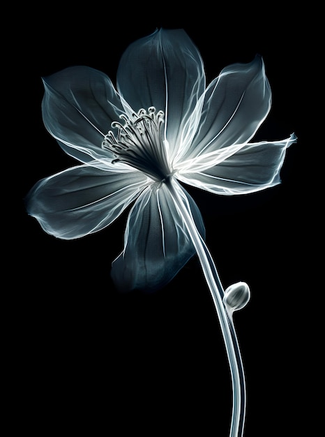 Flor transparente branca em estilo de raio-x em um fundo preto Design botânico monocromático minimalista