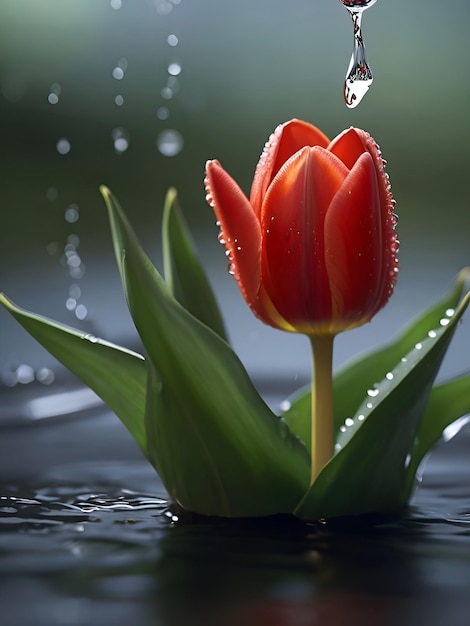 Foto flor de tulipán rojo con papel tapiz de gotas de agua