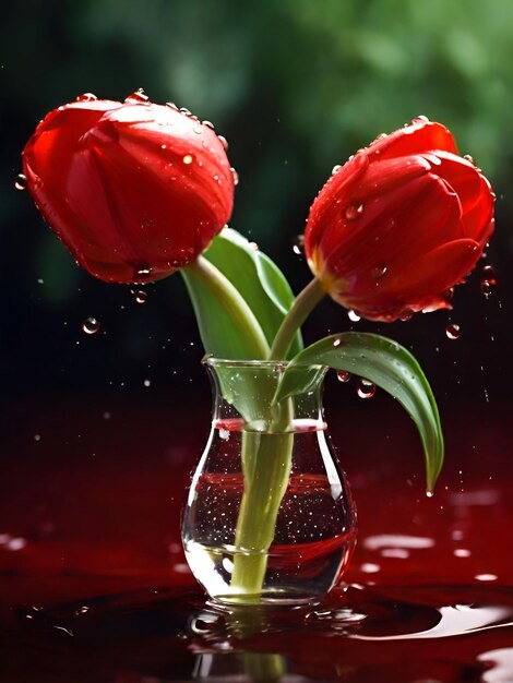 Foto flor de tulipán rojo con papel tapiz de gotas de agua