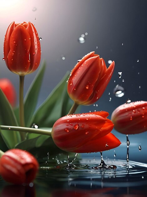 Flor de tulipán rojo con papel tapiz de gotas de agua