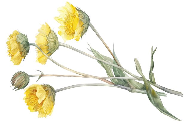 Flor tussilago farfara Ilustração botânica de aquarela desenhada à mão