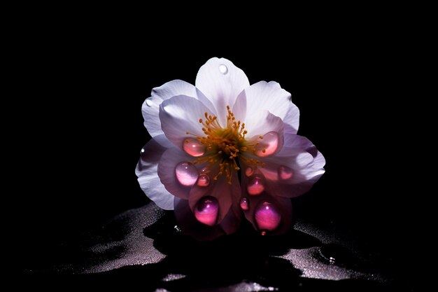 Flor única com gotas de água em preto