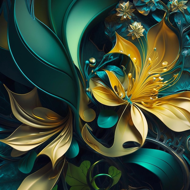 Flor verde azulado y goldenfantasy Ilustración