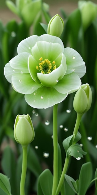 Una flor verde con un centro amarillo y un centro verde.