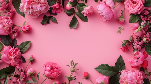 Flor verde marco floral romántico con peonías y rosas en fondo rosa