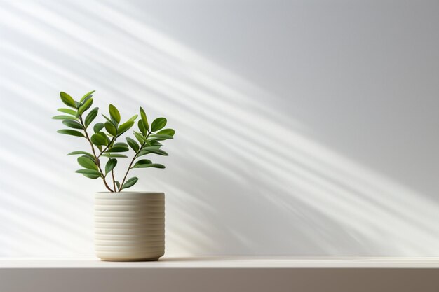Flor verde en una olla en una mesa contra un fondo de pared blanca fondo interior creativo