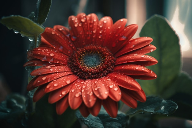 Flor vermelha com gotas de água nas pétalas