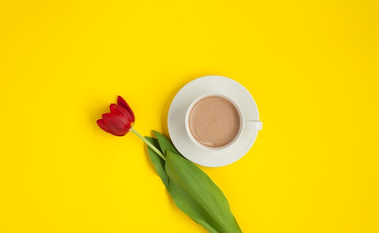 Foto flor vermelha e xícara de café com leite