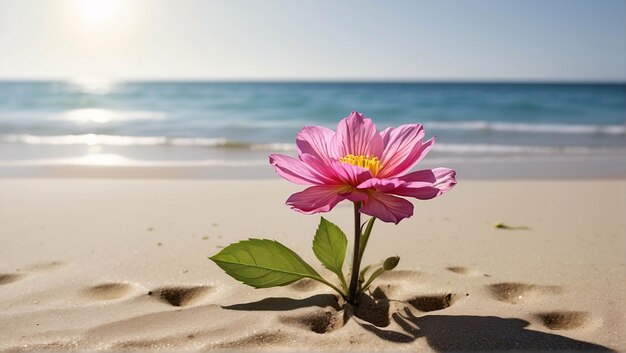 Flor vibrante floreciendo en la arena en una playa bajo el cielo azul del verano Paisaje natural