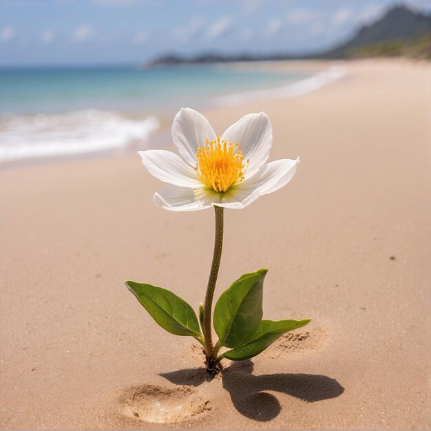 Flor vibrante floreciendo en la arena en una playa bajo el cielo azul del verano Paisaje natural