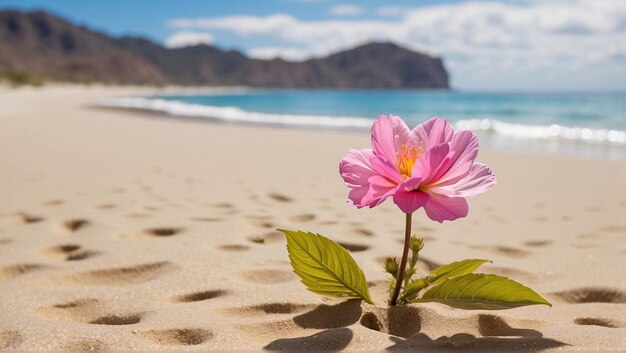 Foto flor vibrante florescendo na areia em uma praia sob o céu azul do verão paisagem natural