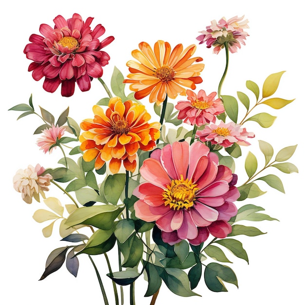 Flor de Zinnia Planta colorida Clipart Flores con fondo blanco