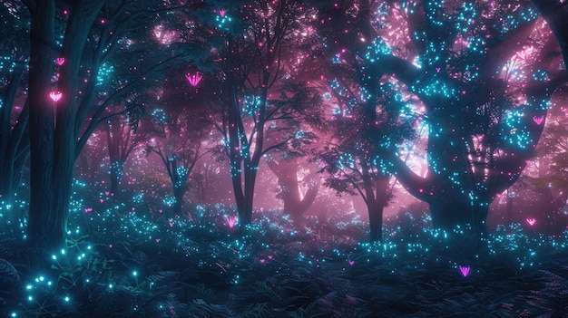 La flora y los árboles bioluminescentes del bosque místico en 3D crean un ambiente de ensueño etéreo en un paisaje digital verdaderamente encantador con fondos en 3D