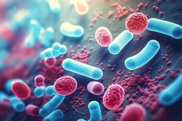 Foto flora bacteriana microscópica que contiene probióticos