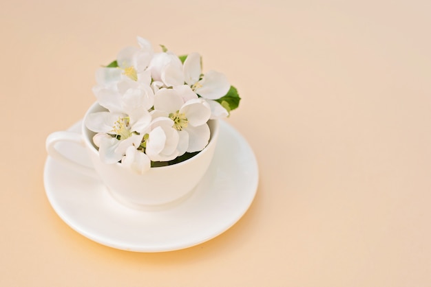 La floración blanca del manzano de la primavera florece en una taza de café en un fondo beige. Concepto de primavera verano. Tarjeta de felicitación. Copia espacio