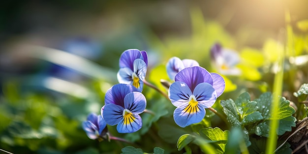 Floración de hermosos pensamientos en el primer plano del jardín Banner natural de verano con flores de pensamiento Ilustración generativa de IA