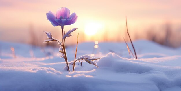 Floración solitaria en la nieve Un testamento de la resiliencia de la naturaleza al atardecer IA generativa