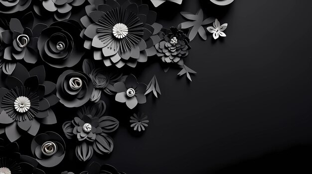 Floral creativamente arreglado sobre fondo de papel negro Espacio vacío para espacio de copia para texto