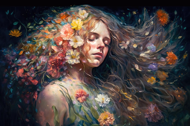 Floral Dream retrato surrealista de uma mulher com cabelo fluido e um vestido feito de flores em flor