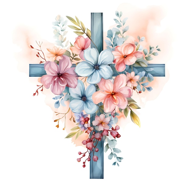 Foto floral holy cross holzmaterial mit handgemalten blumen ein glücklicher palmsonntag rahmen aquarellkunst