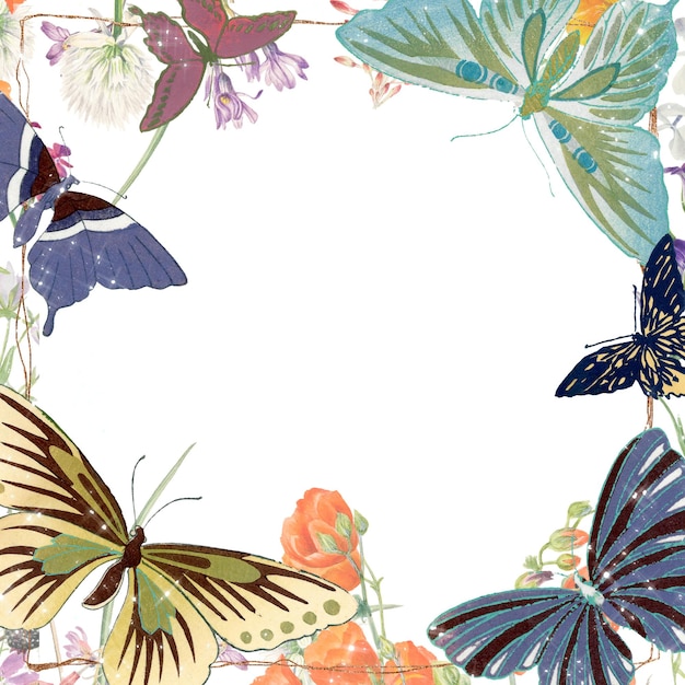 Floral mariposa marco png colorida ilustración vintage más inspirado en nuestra propia copia original de Cho senshu Mil mariposas 1904 por Kamisaka Sekka