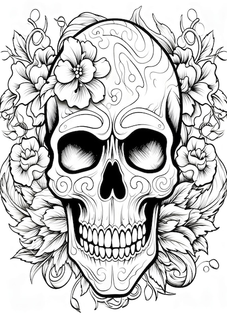 Foto floral skull coloring page sugar skull outline coloring page skull with flowers line art for coloring page skull coloring book skull coloring pages ai generative