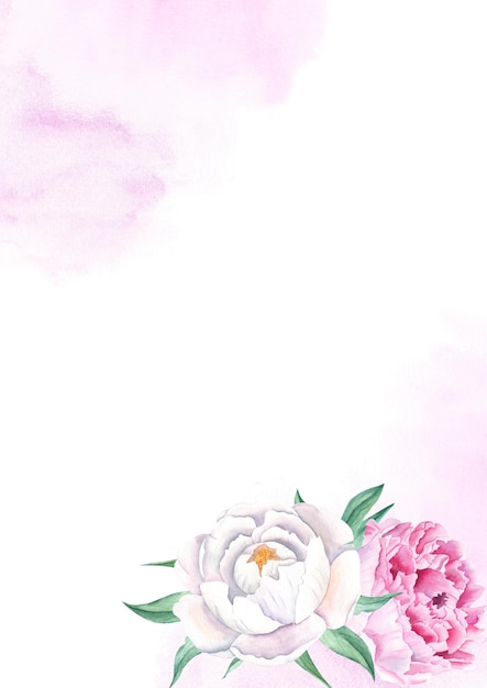 Florale Hintergrundkarte Hochzeitseinladungsvorlage mit rosa und weißen Pfingstrosen, lila rosa Aquarellspritzern für Save the Date-Grußkarten, Poster und Cover-Design