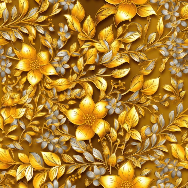 Florale Textur golden mit wirbelnden Blattgoldelementen, nahtloses Muster, AI generiert