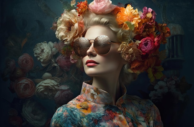 Floraler Kunstdruck mit einer Frau mit Sonnenbrille und Blumen in einem konzeptionellen digitalen Stil, der vollständig aus Blüten besteht Generative KI