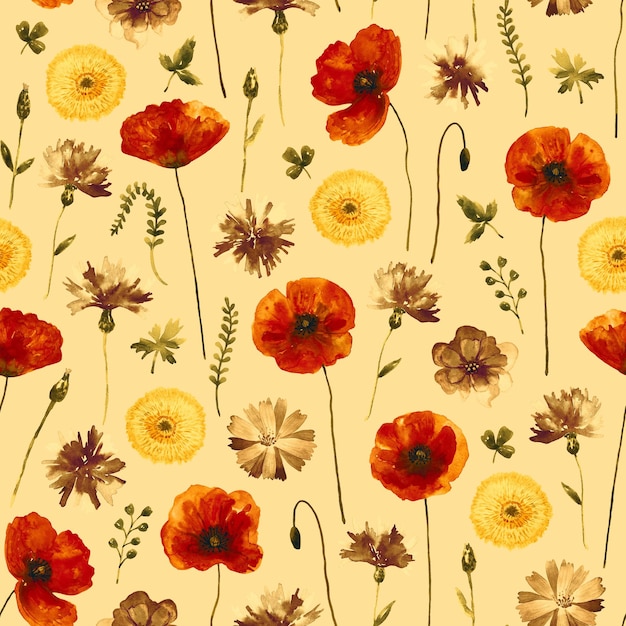 Floraler nahtloser Hintergrund Muster mit schönen Aquarell-Wildwiesenblumen Botanische handgezeichnete Illustration Textur für Druckstoff-Textiltapeten