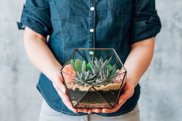 Florário DIY. Serviço de entrega de presentes naturais feitos à mão. Foto recortada de mulher segurando o vaso geométrico de vidro com suculentas.