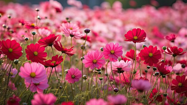 Florece con flores rosas y rojas