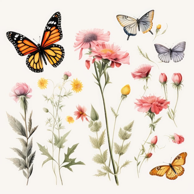 Floreciendo con las bellezas de la naturaleza, mariposas y flores silvestres Clipart