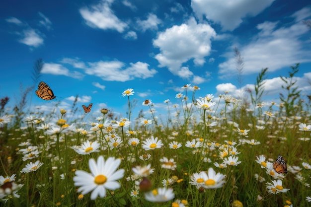 Florecimiento de margaritas de prado y mariposas danzantes IA generativa