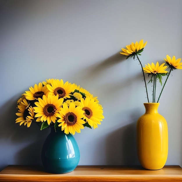 un florero con flores y una flor amarilla