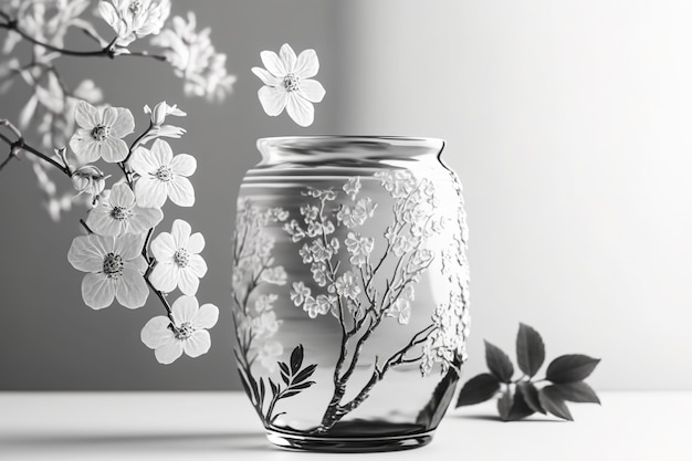 Florero de vidrio con ramitas de flor de cerezo sobre fondo blanco Ramo de primavera monocromático Mobiliario Maqueta de tarjeta de visita elegante Postal del Día de la Madre