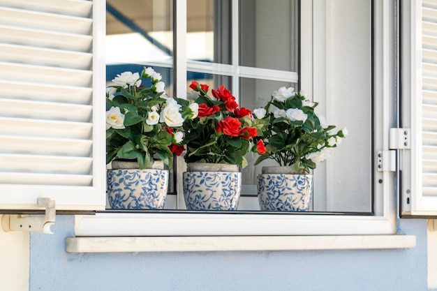 Floreros falsos decorativos en una ventana