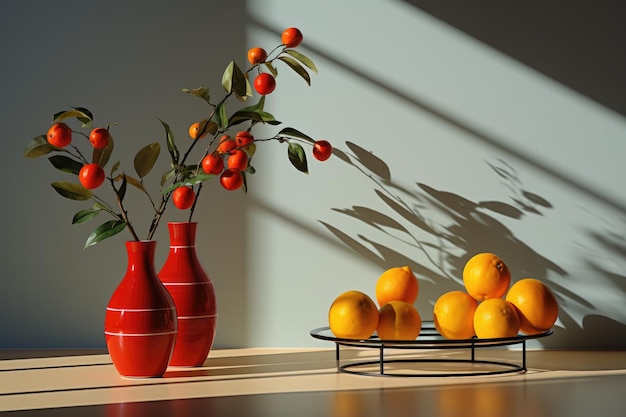 Floreros y frutas luz brillante schadow foto realista