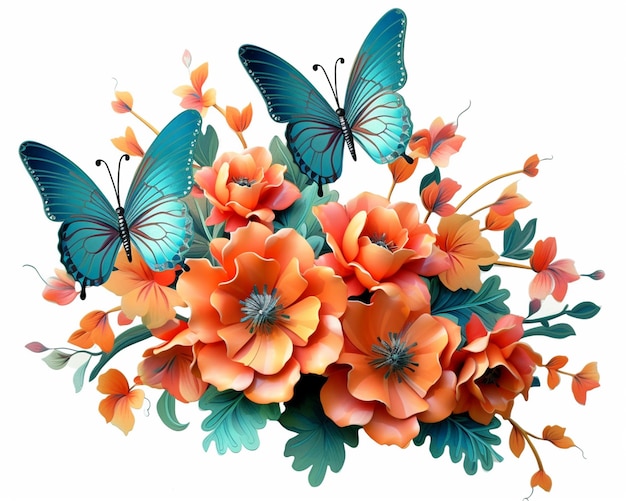 Flores 3D com clipart de borboletas