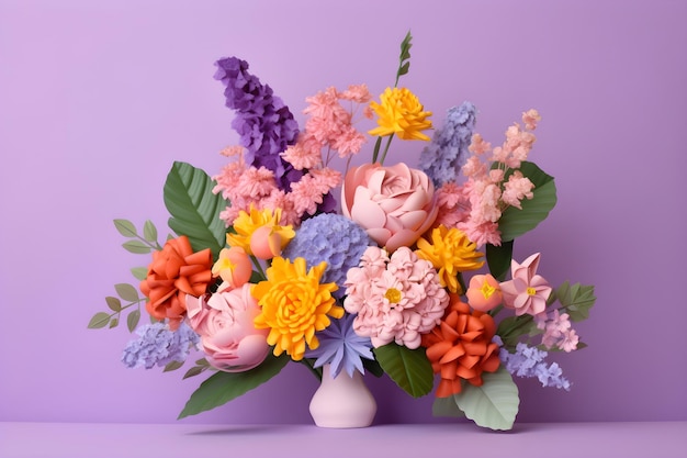 Flores 3D ilustração arranjo botânico buquê floral festivo em um vaso cores doces brilhantes em fundo lilás Mães felizes dia dos namorados conceito de feriado do dia das mulheres Ai gerado