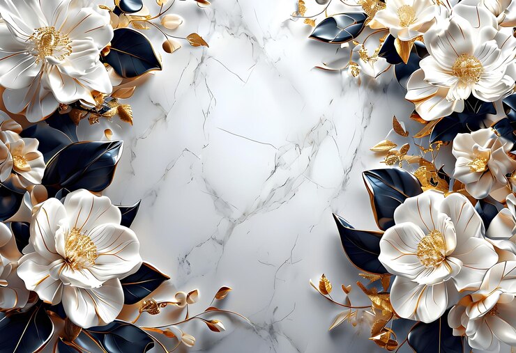 Flores 3D Papel de parede Arranjo de flores elegantes em mármore branco Flores brancas com folhas azuis