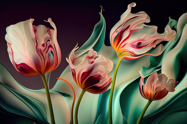 Flores abstractas de tulipanes de primavera en un lujoso diseño de arte fluido IA generativa