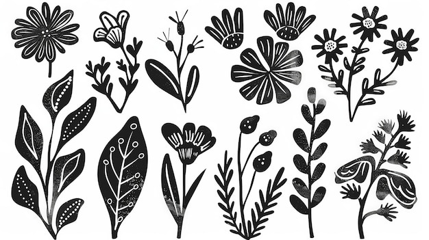 flores abstratas e folhas conjugadas planta botânica de linocuto e elementos orgânicos Ai generativo