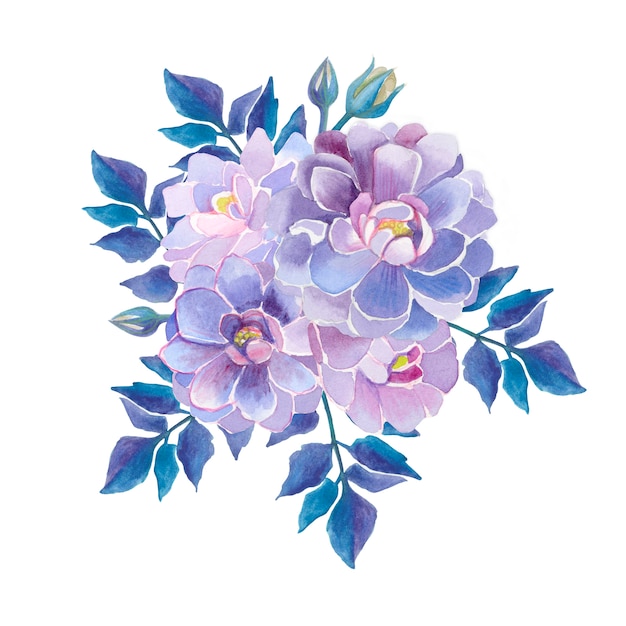 Flores de acuarela de dalias. Hermosas flores púrpuras. Composición de las dalias.
